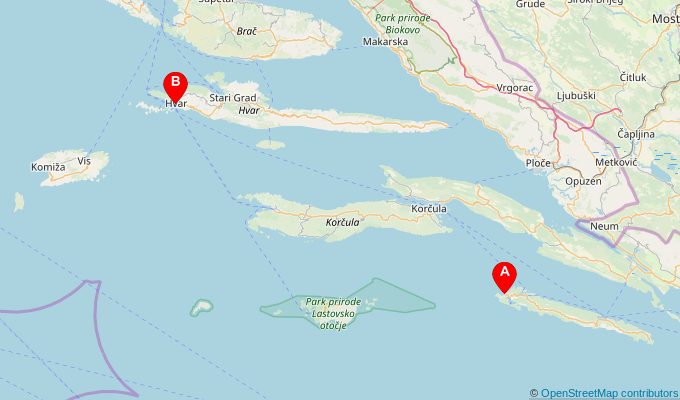 Map of ferry route between Pomena (Mljet) and Hvar